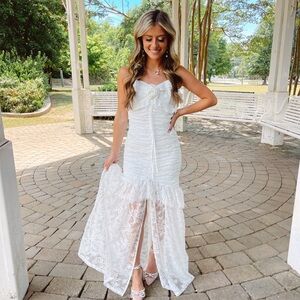 Strapless White Lace Maxi Dress with Ruffle Hem